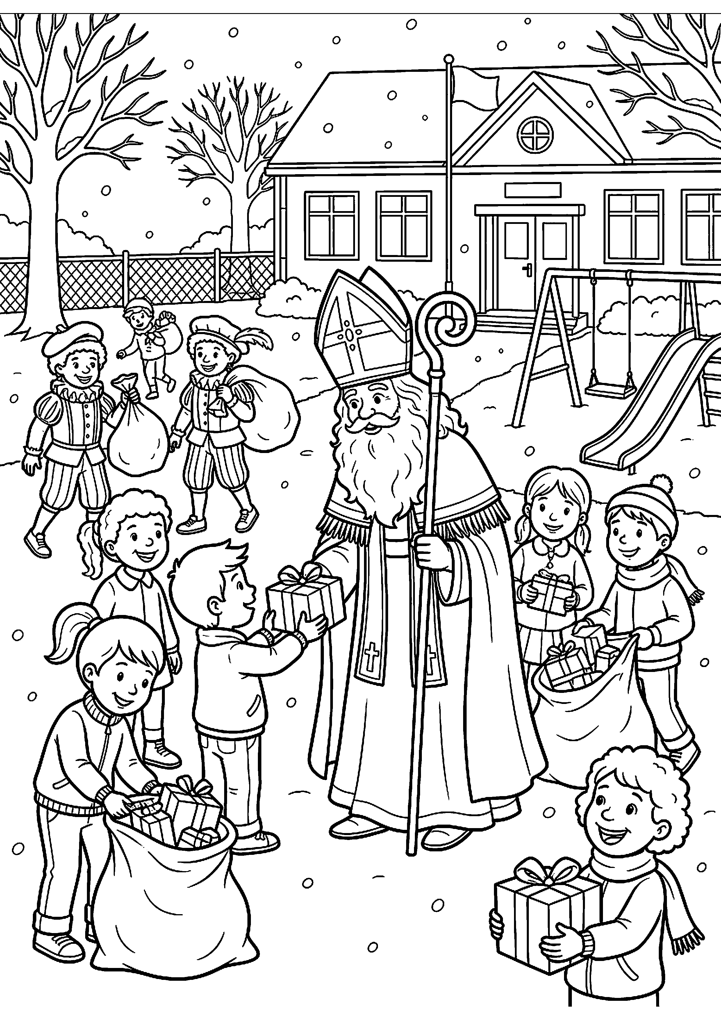 Sinterklaas en kinderen op schoolplein met cadeautjes kleurplaat — gratis kleurplaat printen