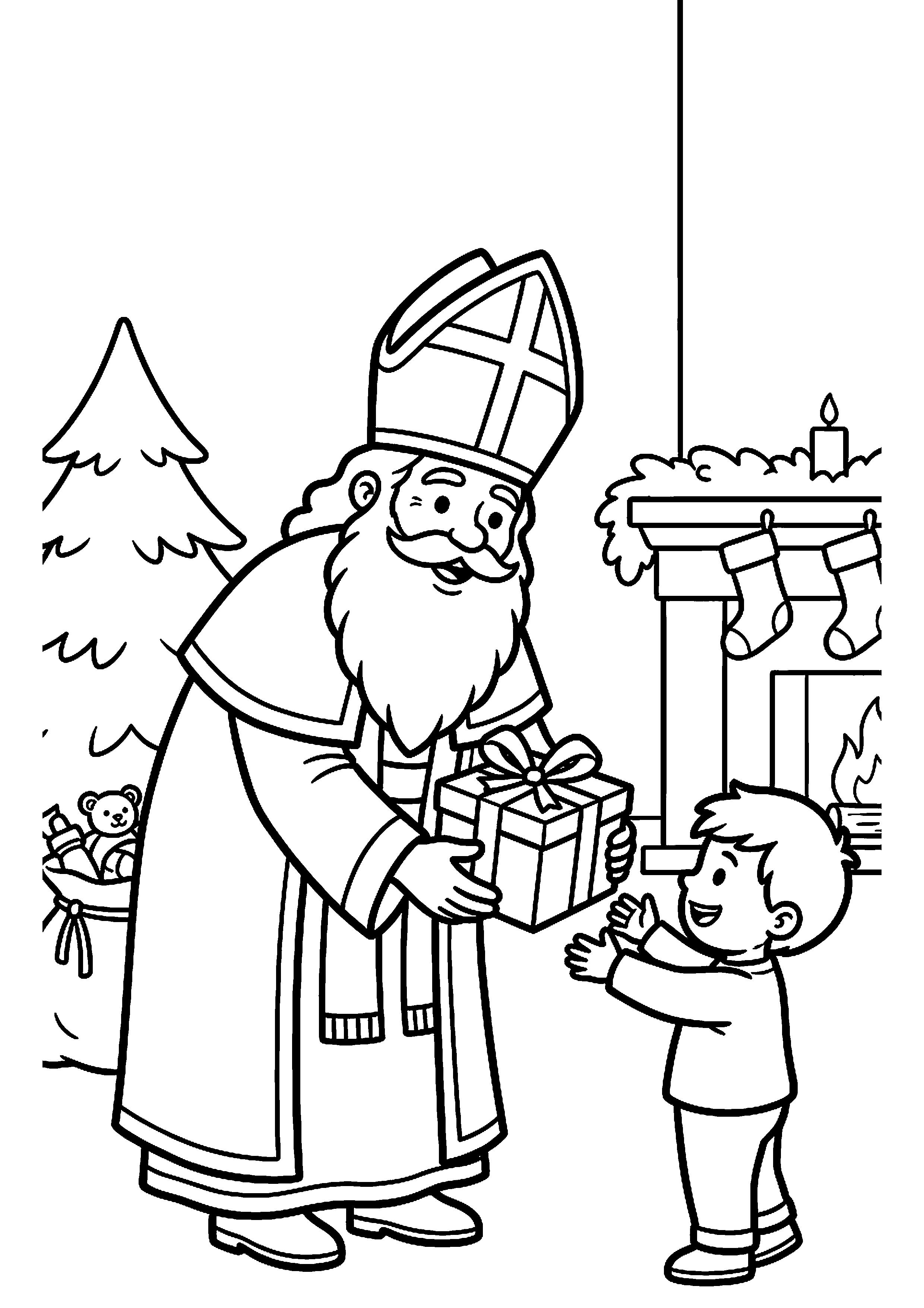 Sinterklaas geeft cadeautje aan kind kleurplaat — gratis kleurplaat printen