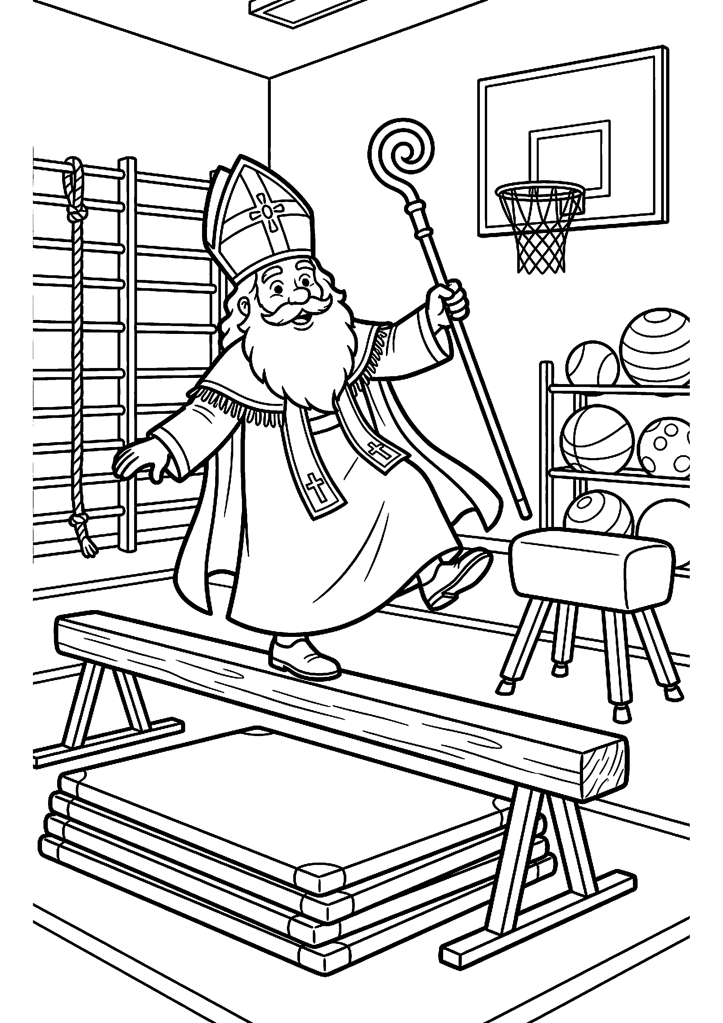 Sinterklaas in de gymzaal kleurplaat — gratis kleurplaat printen