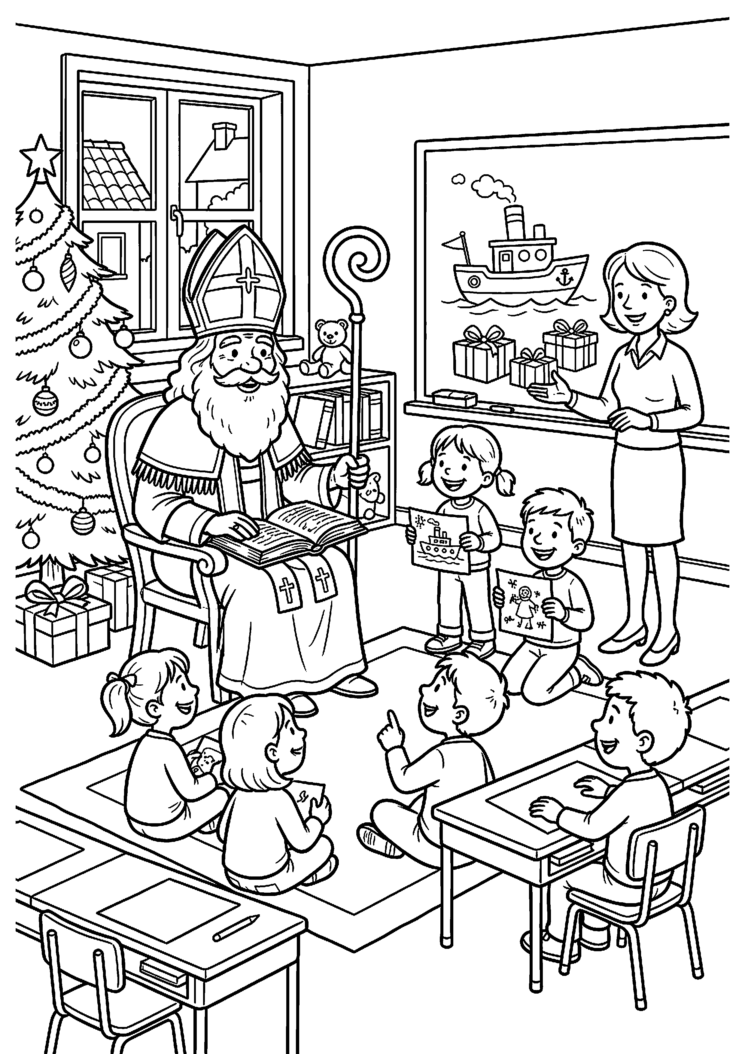 Sinterklaas in de klas kleurplaat — gratis kleurplaat printen