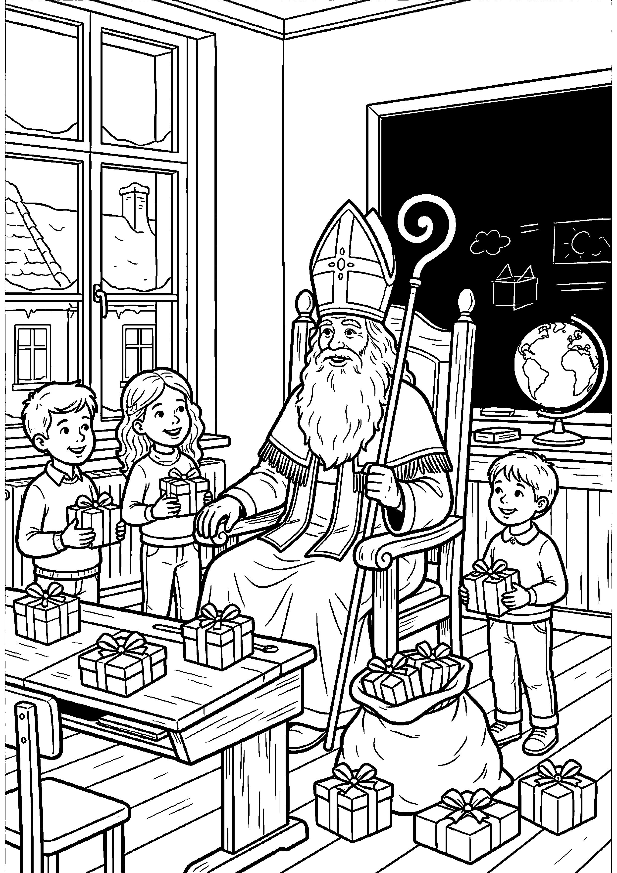 Sinterklaas in klas met kinderen en cadeautjes kleurplaat — gratis kleurplaat printen