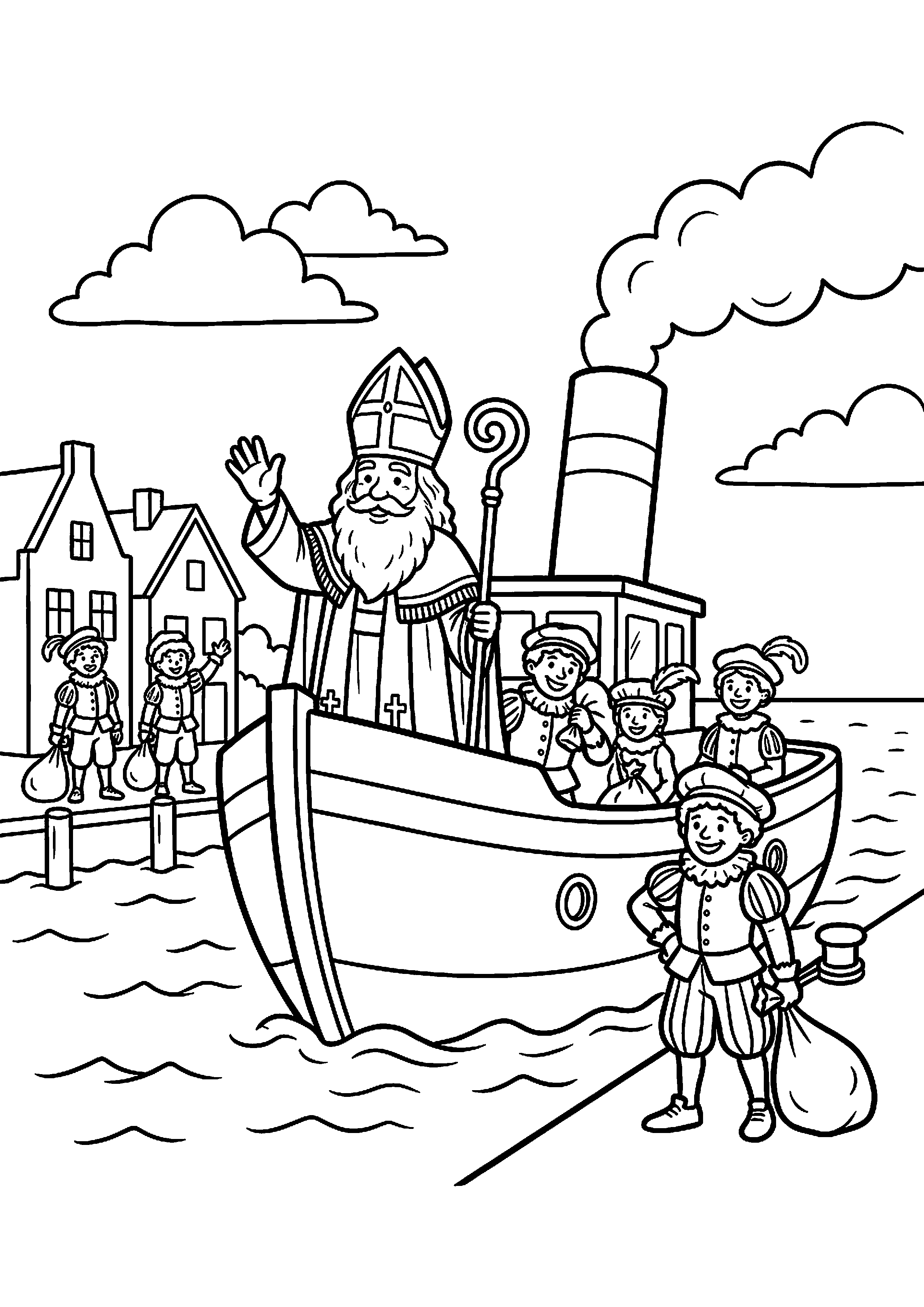 Sinterklaas komt aan in de haven kleurplaat — gratis kleurplaat printen