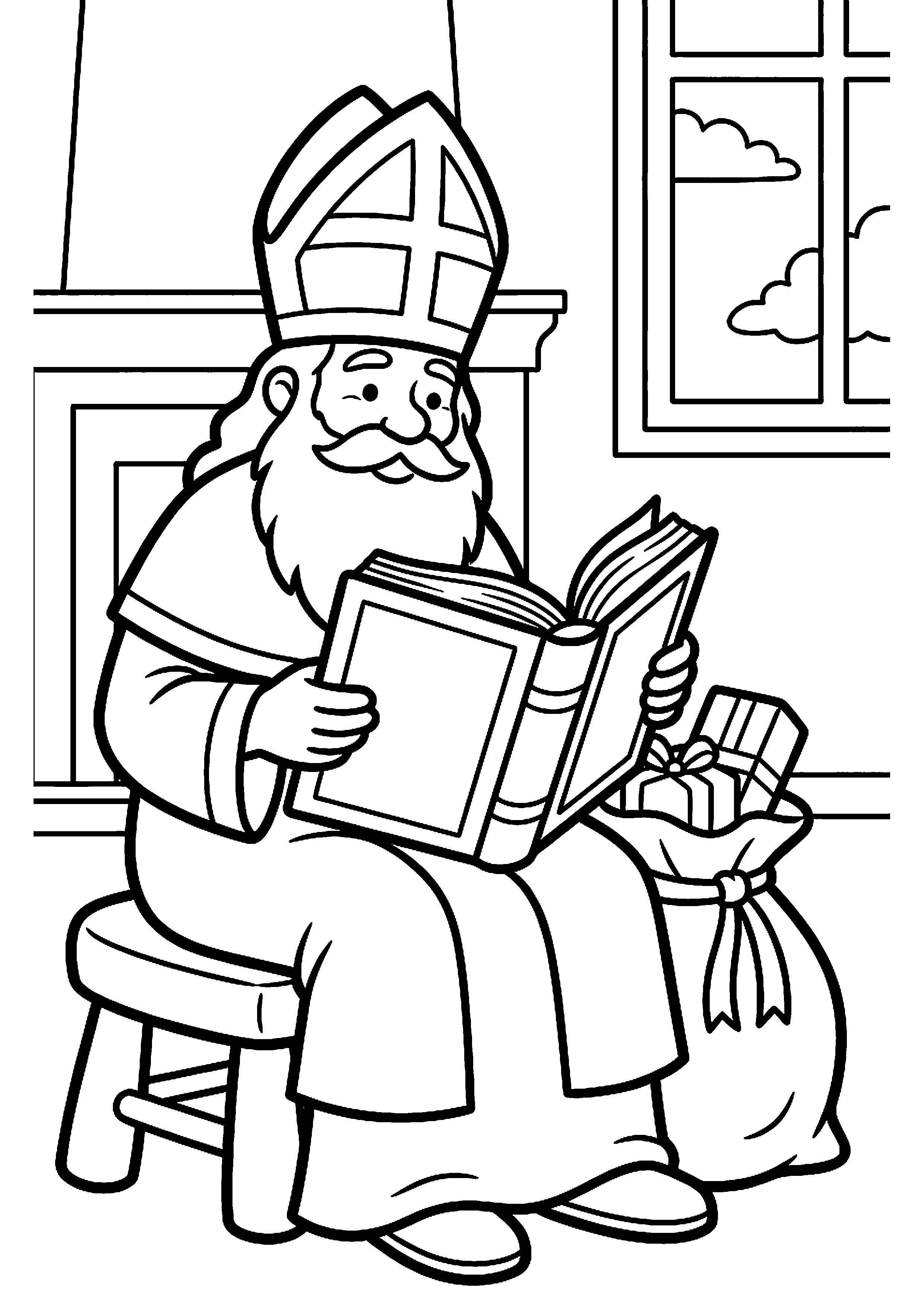 Sinterklaas leest uit het grote boek kleurplaat — gratis kleurplaat printen