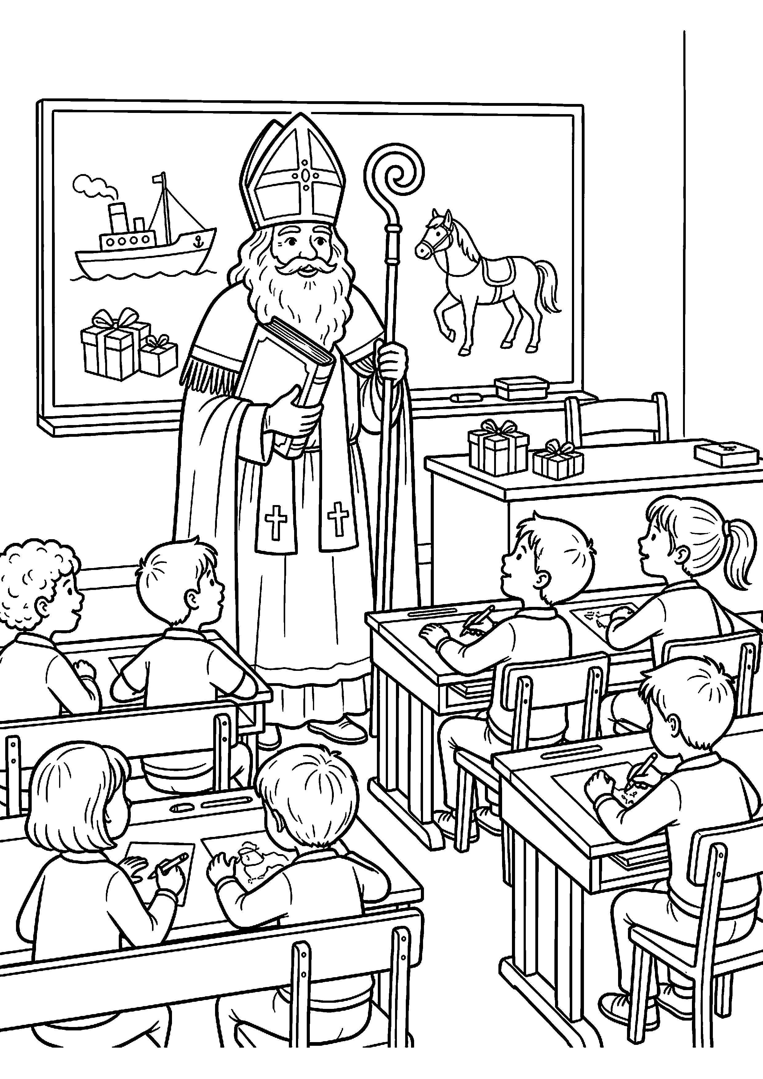 Sinterklaas met kinderen in de klas kleurplaat — gratis kleurplaat printen