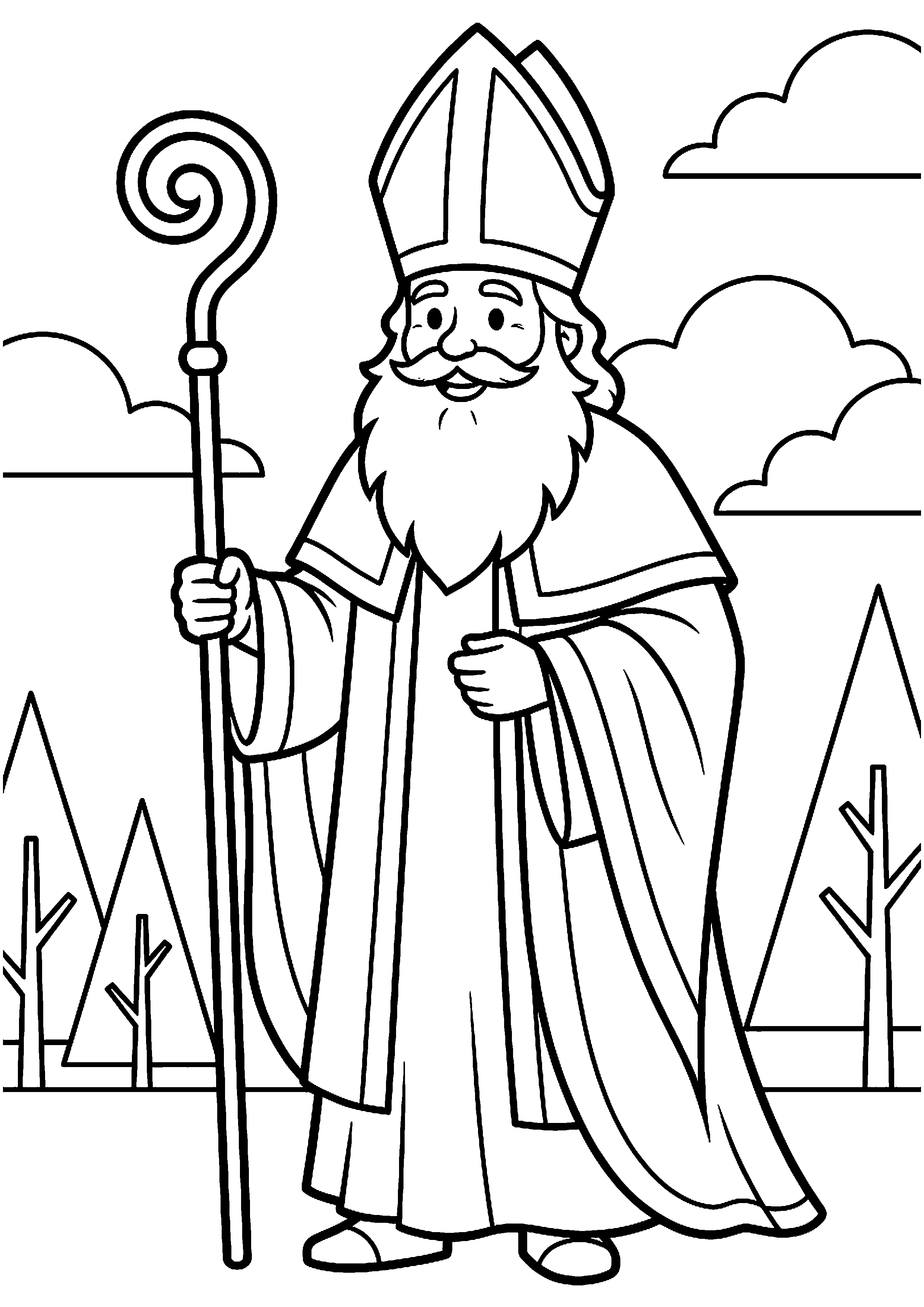 Sinterklaas met staf en mijter kleurplaat — gratis kleurplaat printen