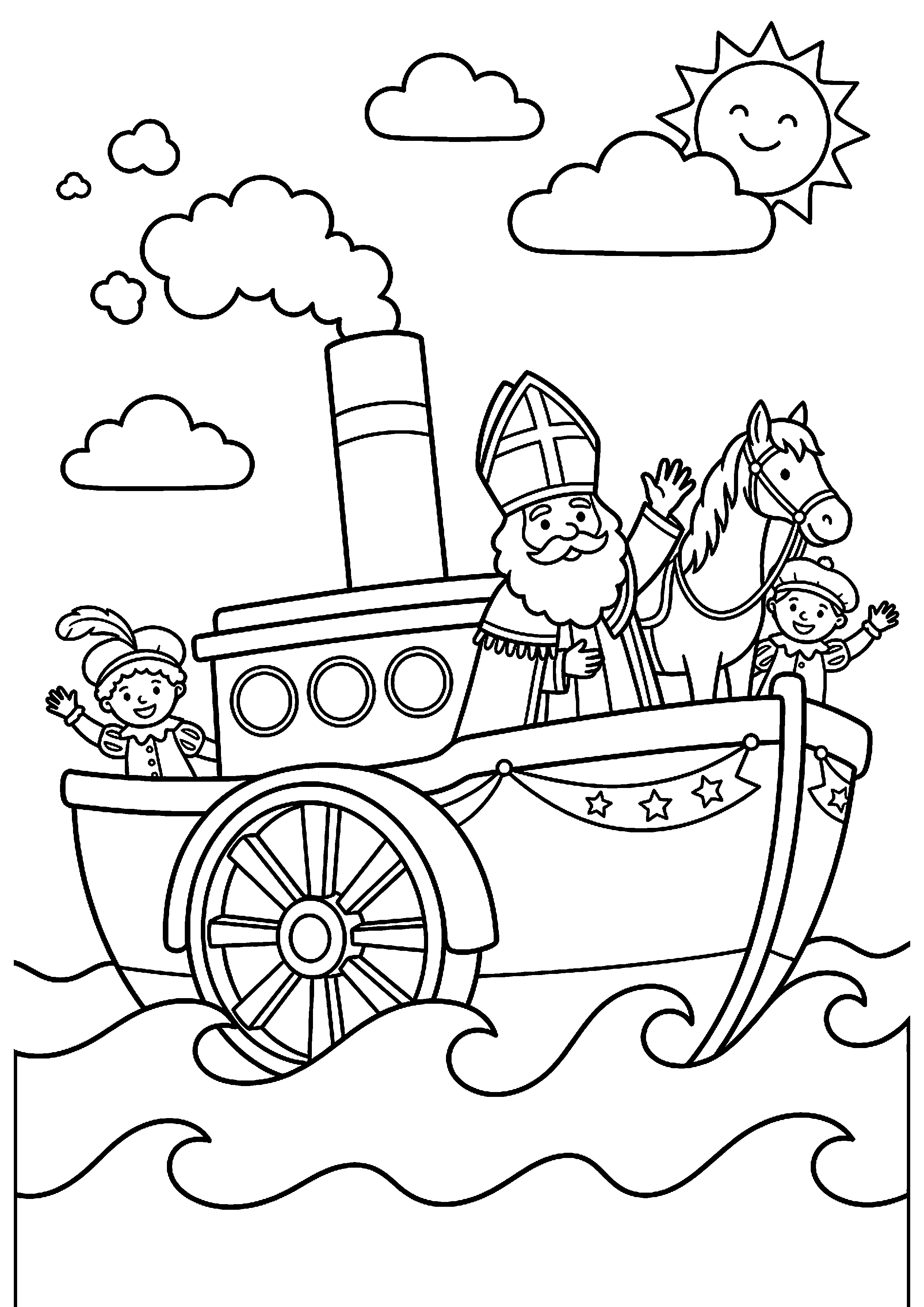 Sinterklaas op de stoomboot kleurplaat — gratis kleurplaat printen