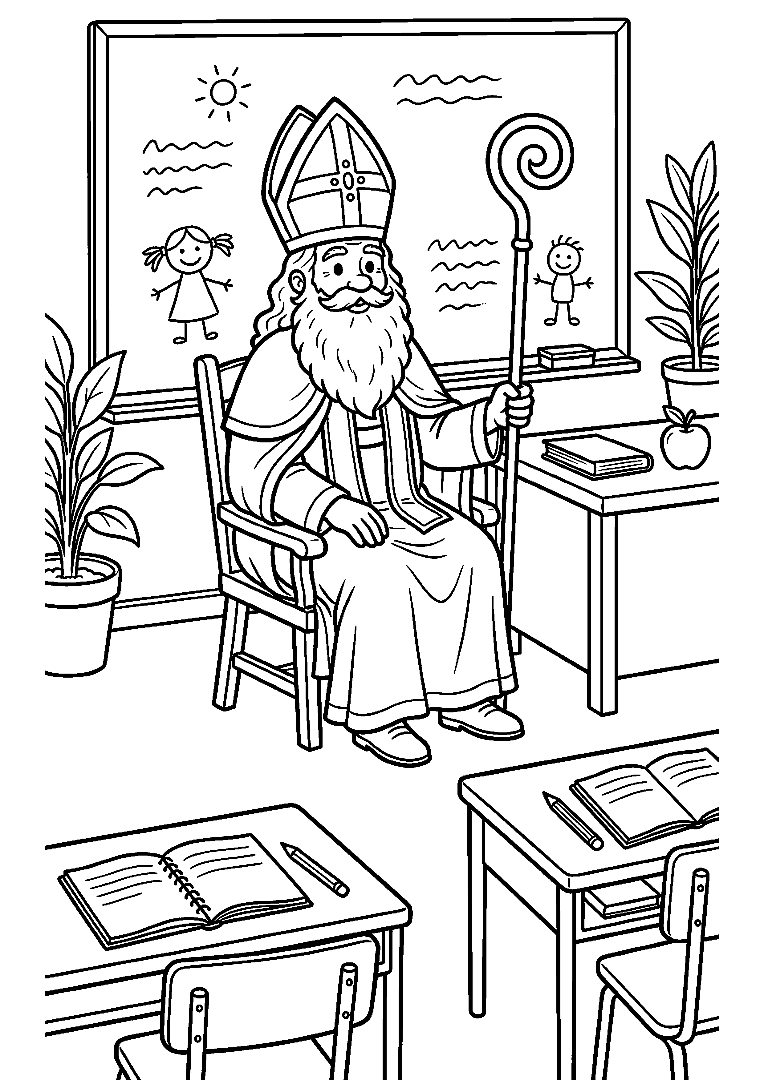 Sinterklaas op stoel in de klas kleurplaat — gratis kleurplaat printen
