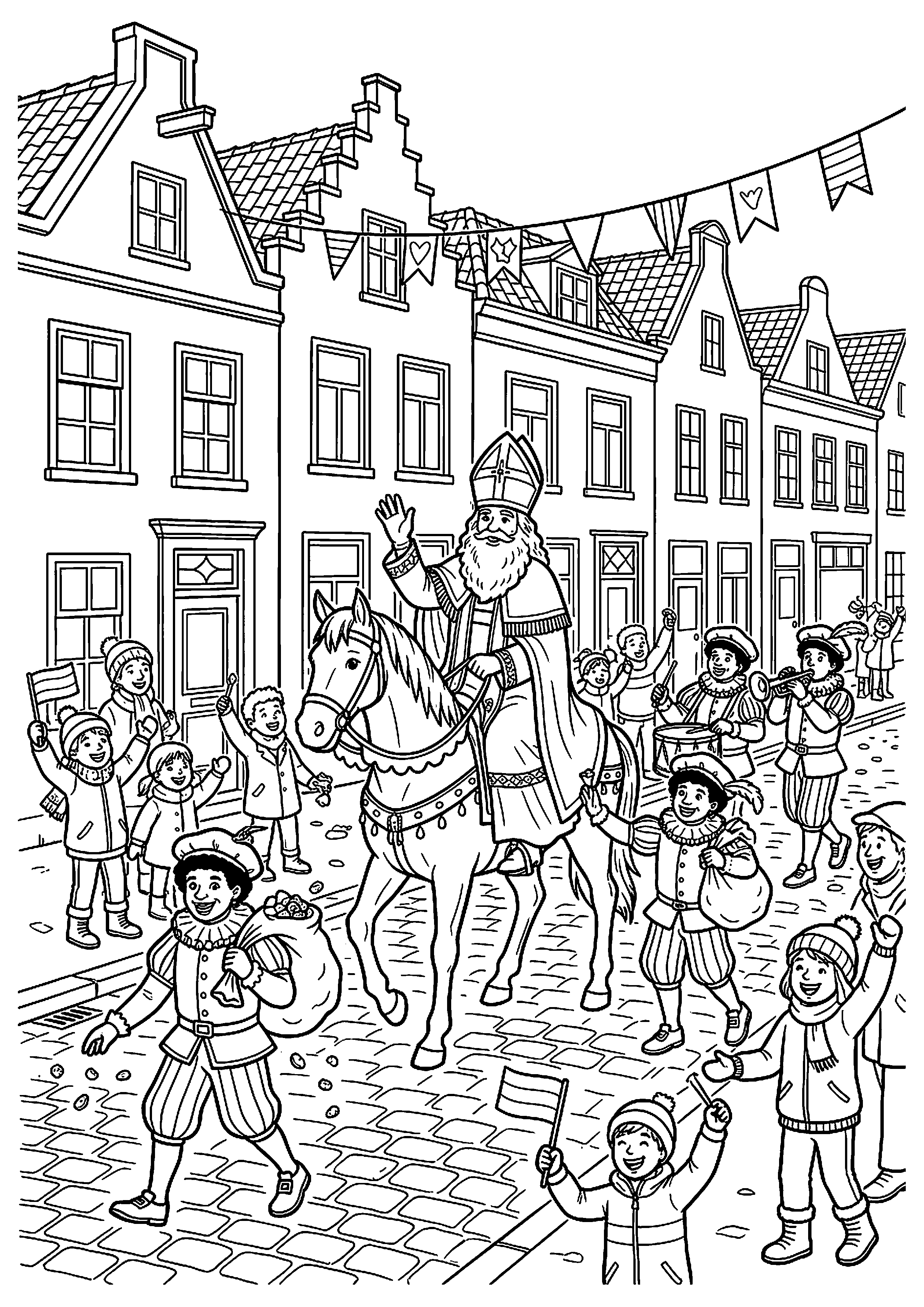 Sinterklaas stoet door de straat kleurplaat — gratis kleurplaat printen