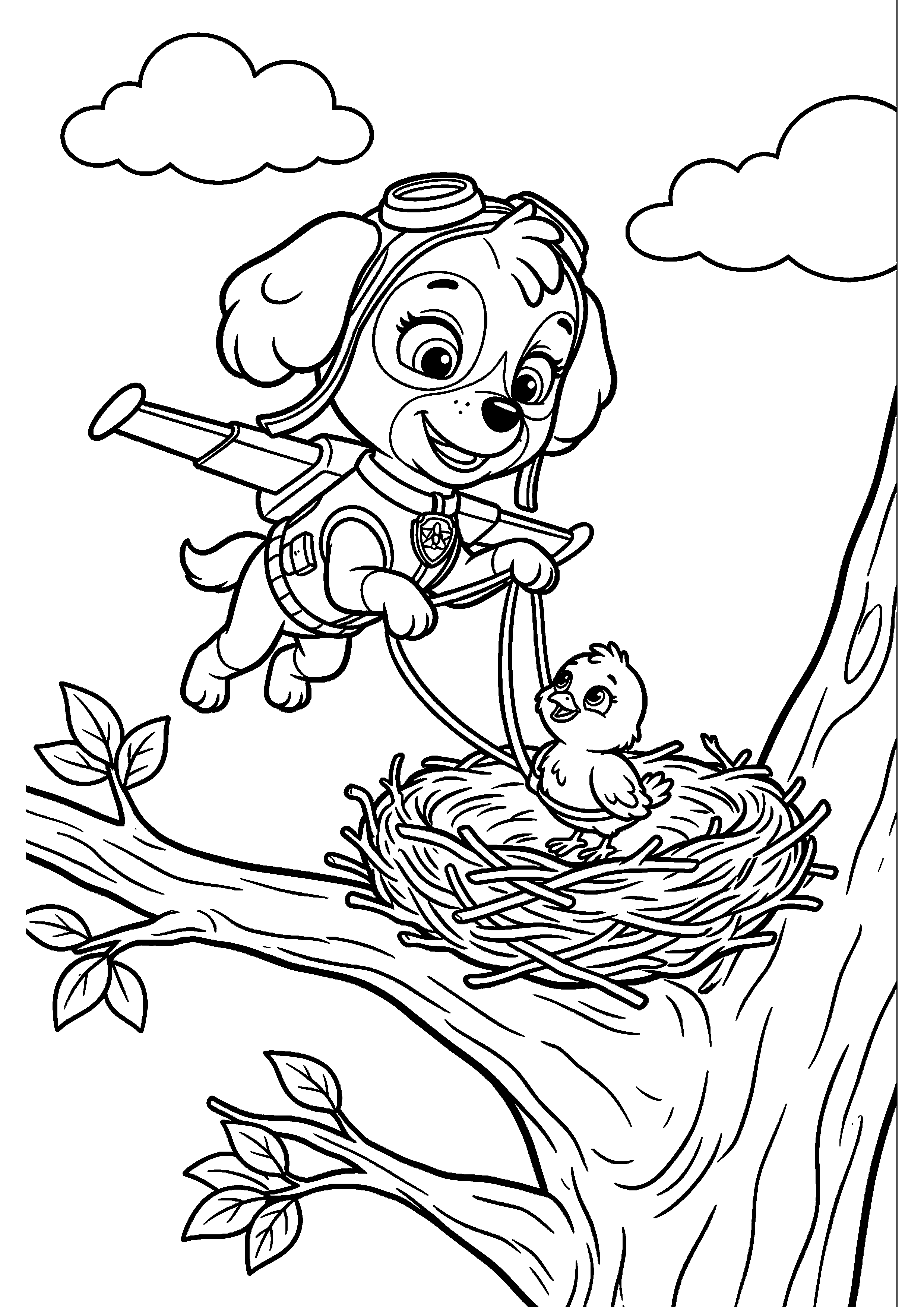 Skye helpt vogeltje terug in nest kleurplaat — gratis kleurplaat