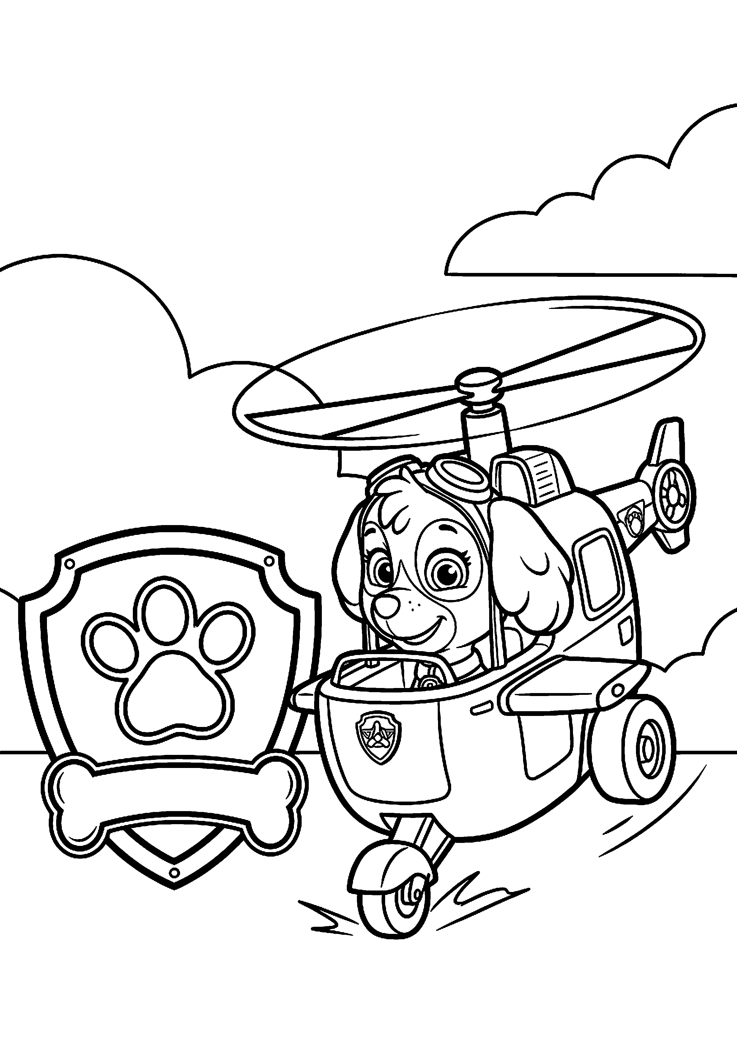 Skye landt naast grote paw patrol badge kleurplaat — gratis kleurplaat