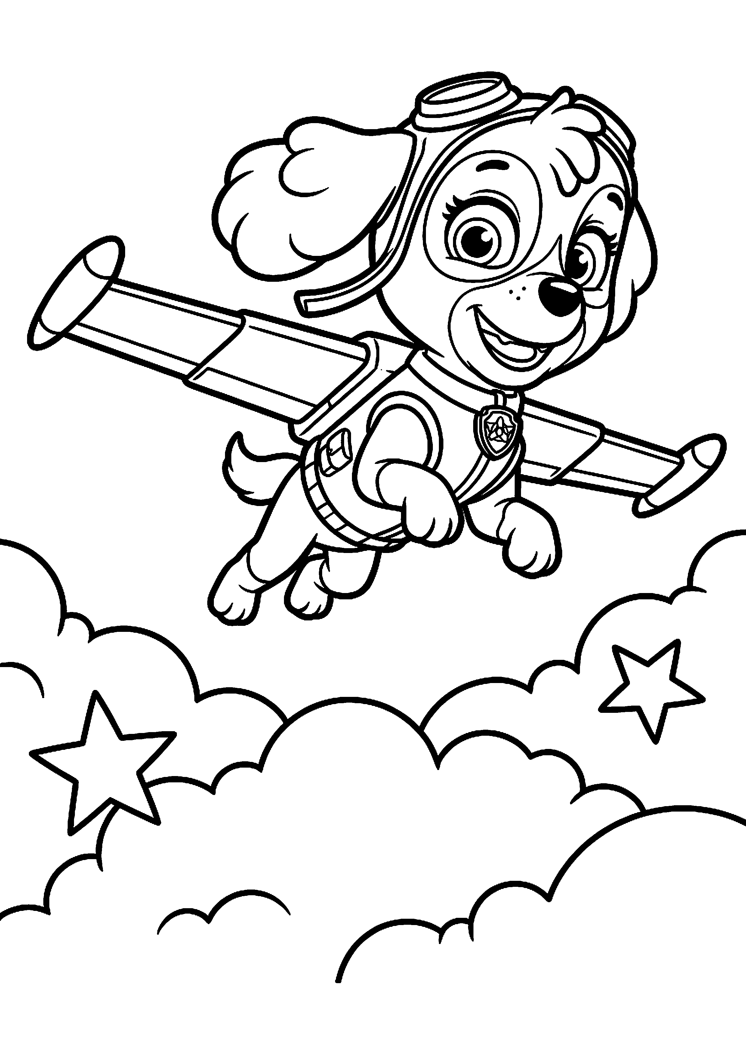 Skye vliegt met vleugels boven wolken kleurplaat — gratis kleurplaat