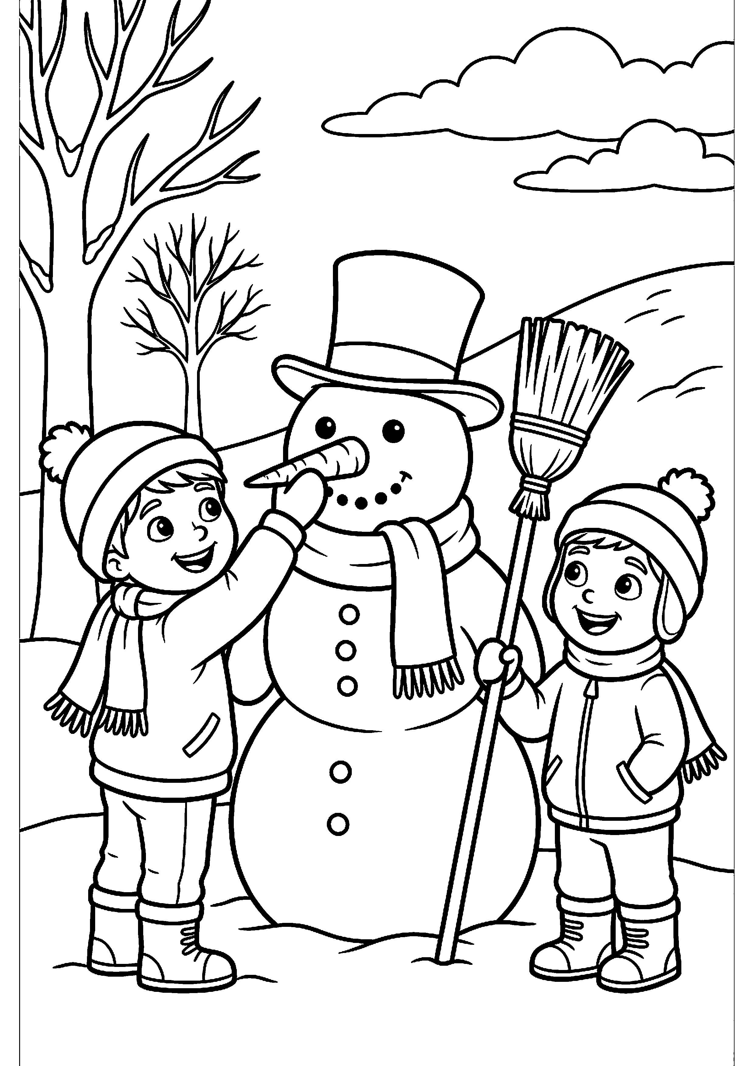 Sneeuwpop met kinderen ernaast kleurplaat — gratis kleurplaat printen