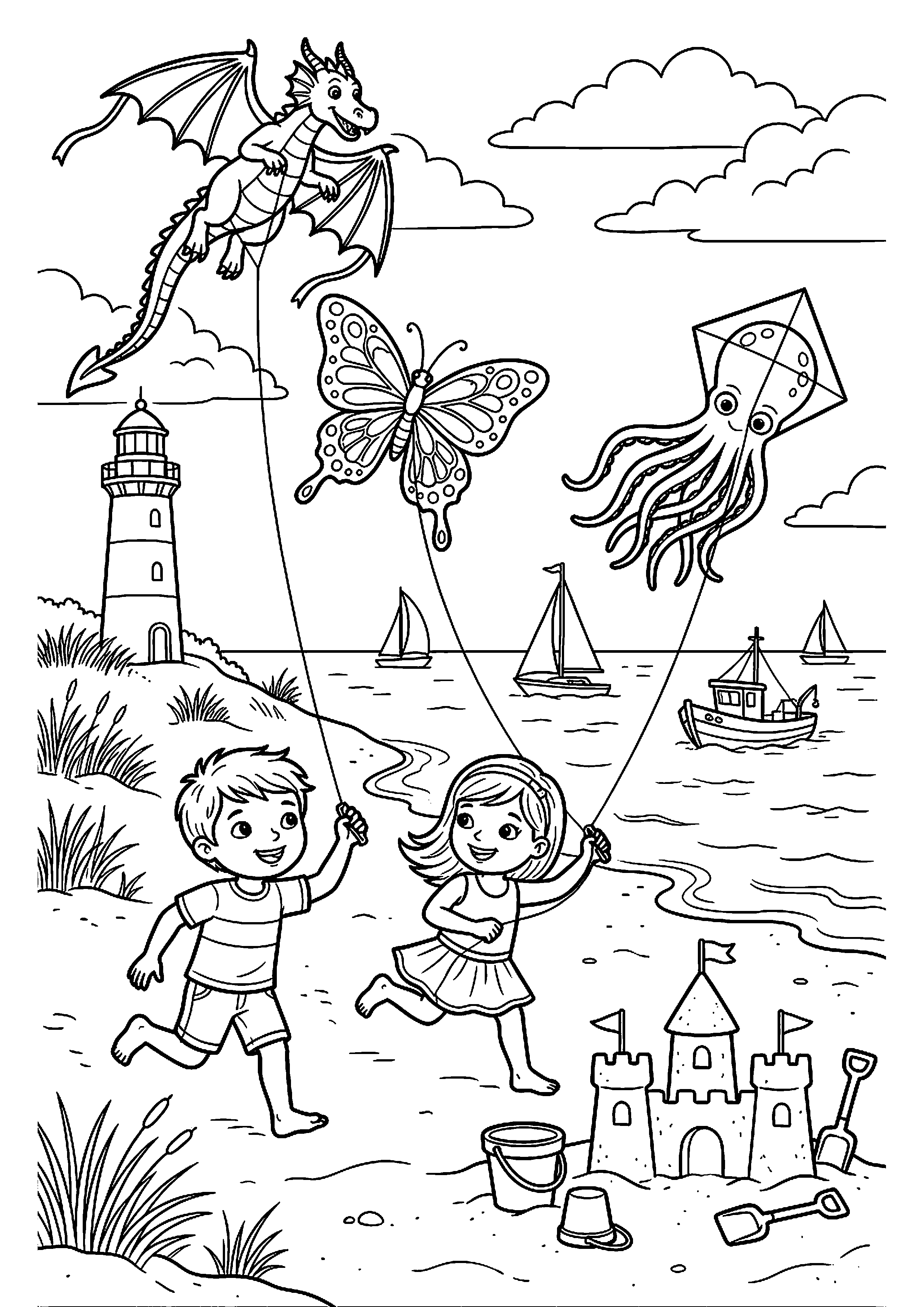 Stranddag met vliegers, zee en boten kleurplaat — gratis kleurplaat printen