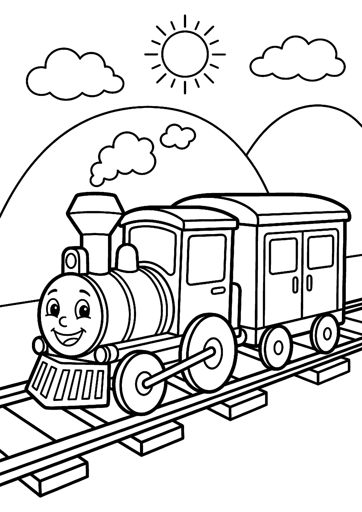 Trein op rails kleurplaat — gratis kleurplaat