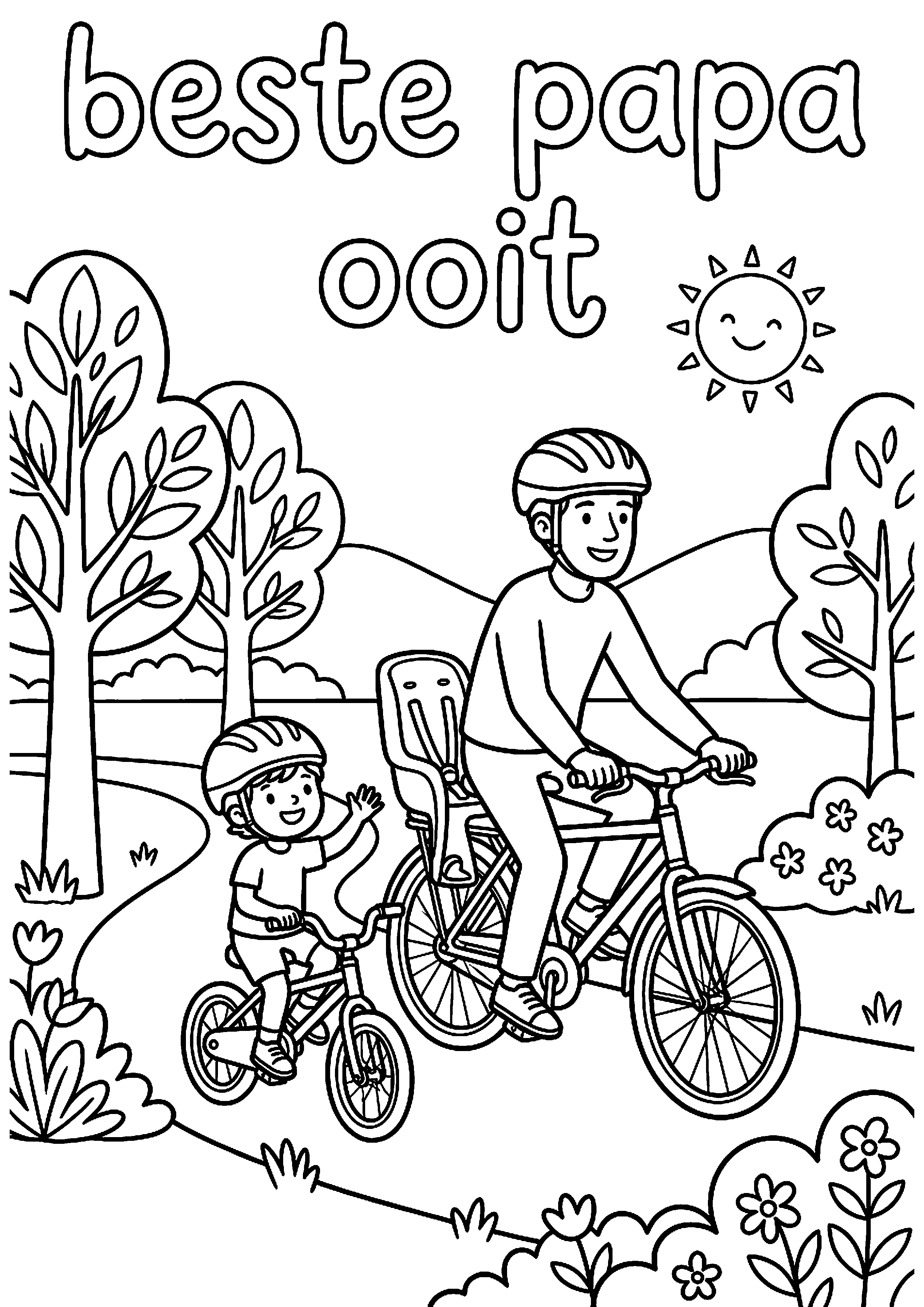 Vader en kind fietsen samen met tekst beste papa ooit kleurplaat — gratis kleurplaat printen