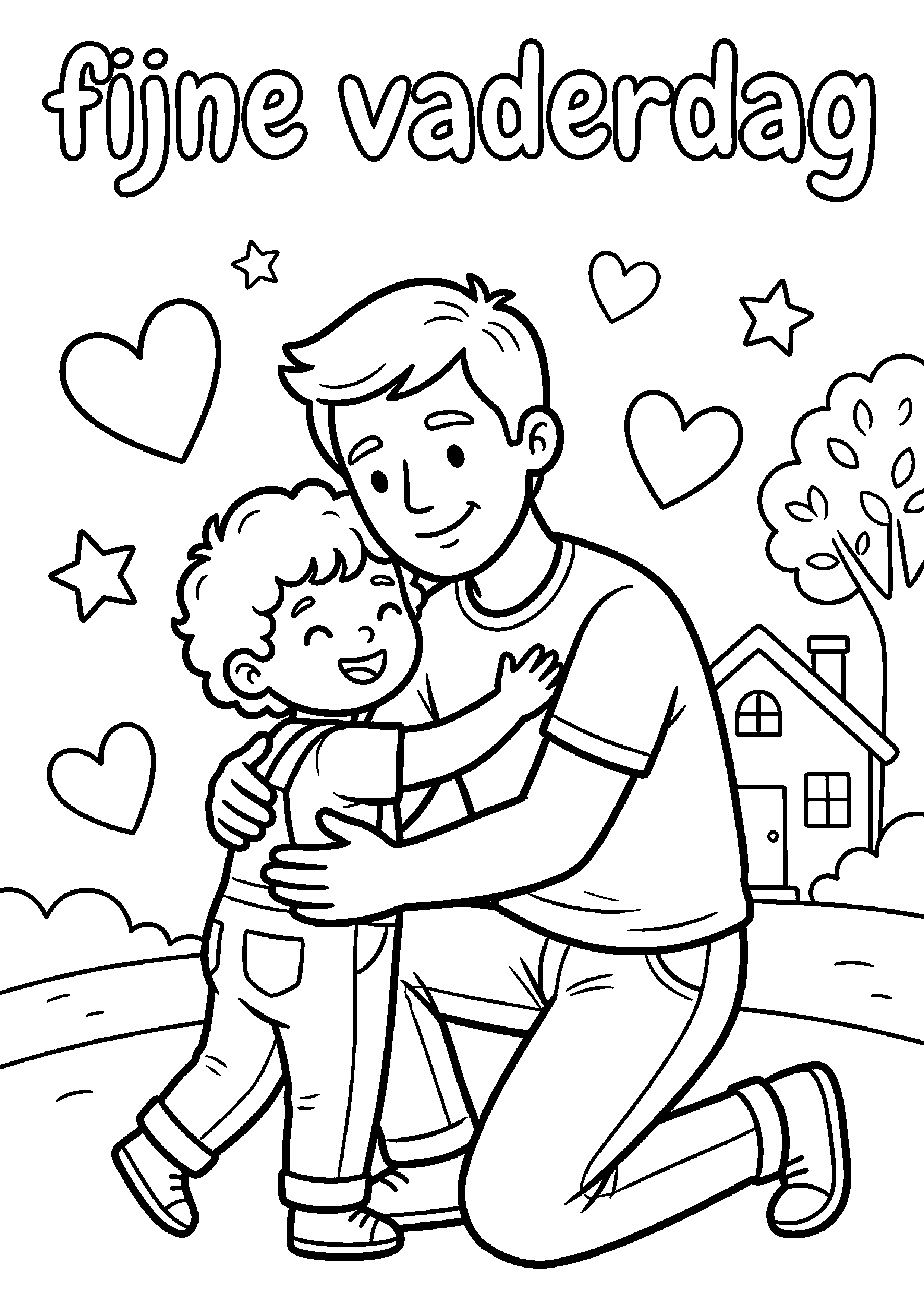 Vader en kind geven knuffel met tekst fijne vaderdag kleurplaat — gratis kleurplaat printen