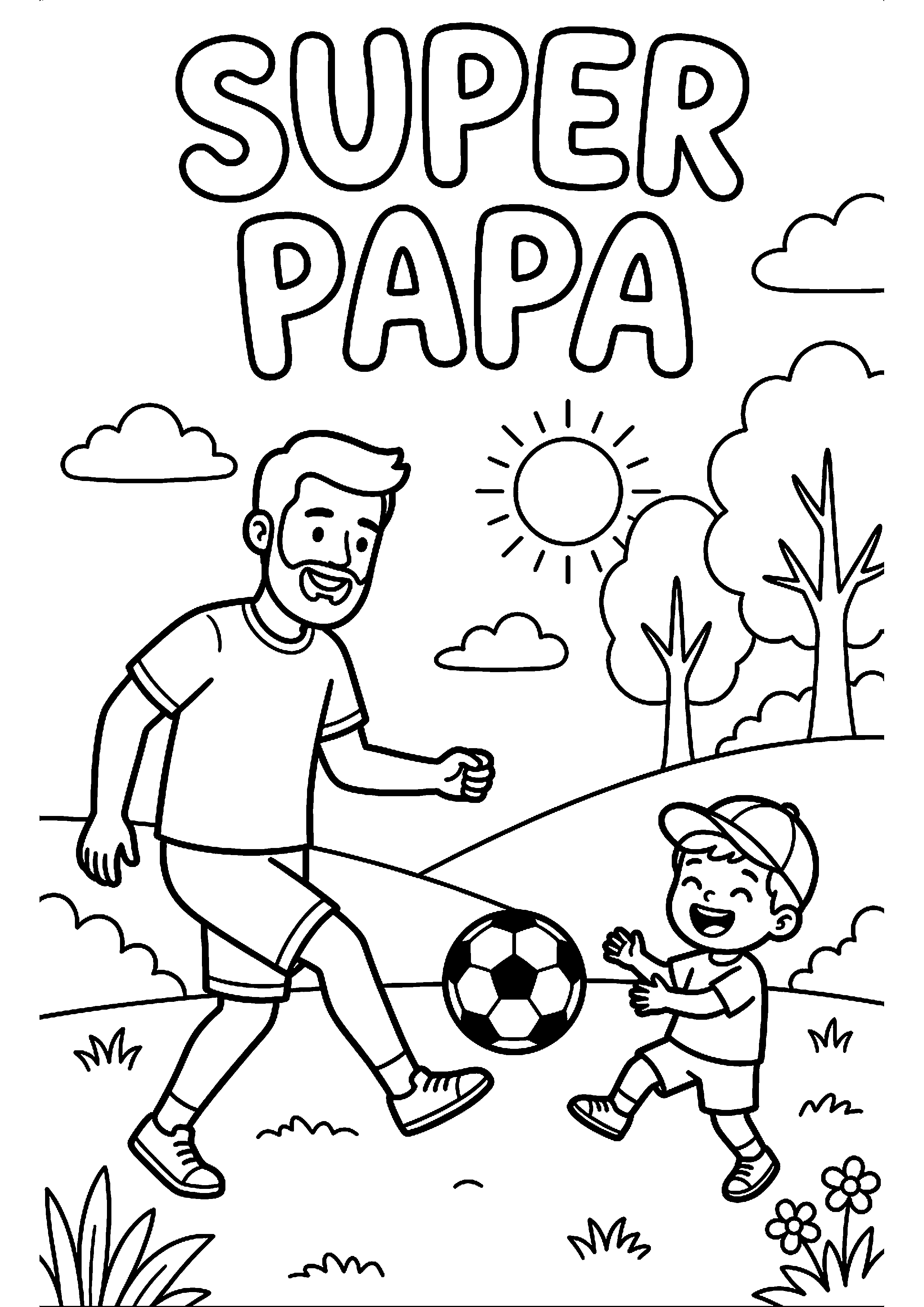 Vader en kind spelen voetbal met tekst super papa kleurplaat — gratis kleurplaat printen