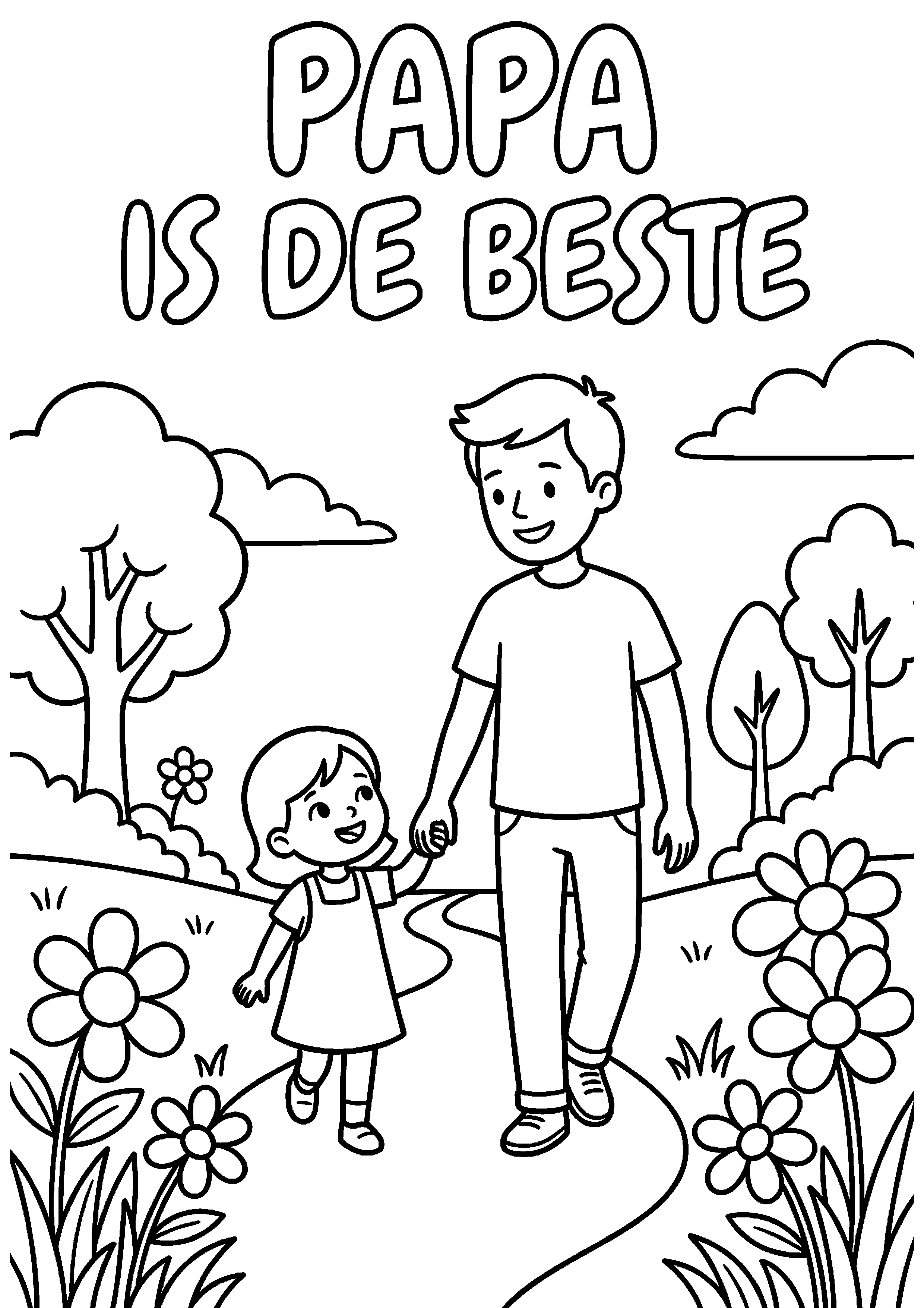 Vader en kind wandelen samen met tekst papa is de beste kleurplaat — gratis kleurplaat printen