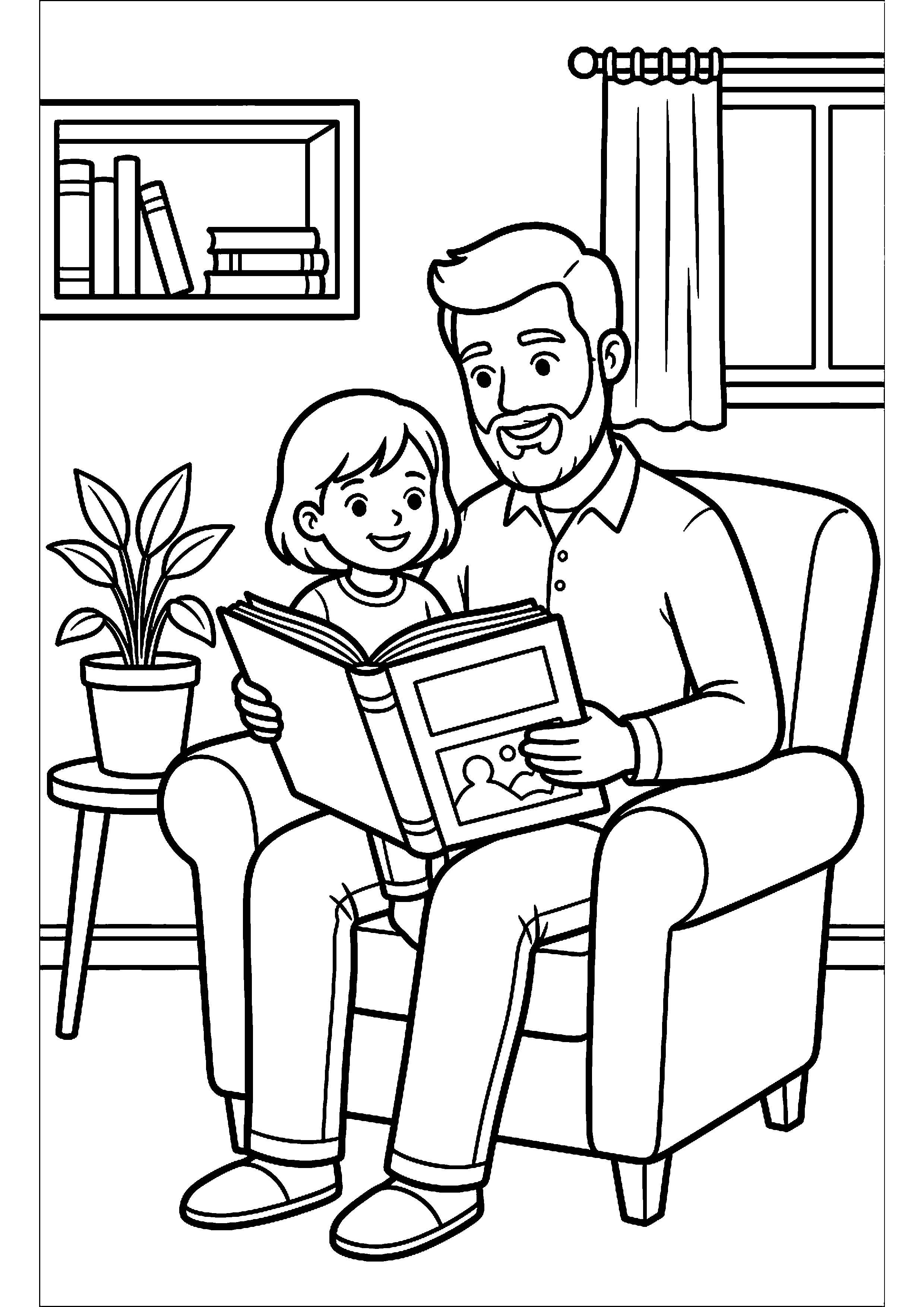 Vader leest boek met kind kleurplaat — gratis kleurplaat printen