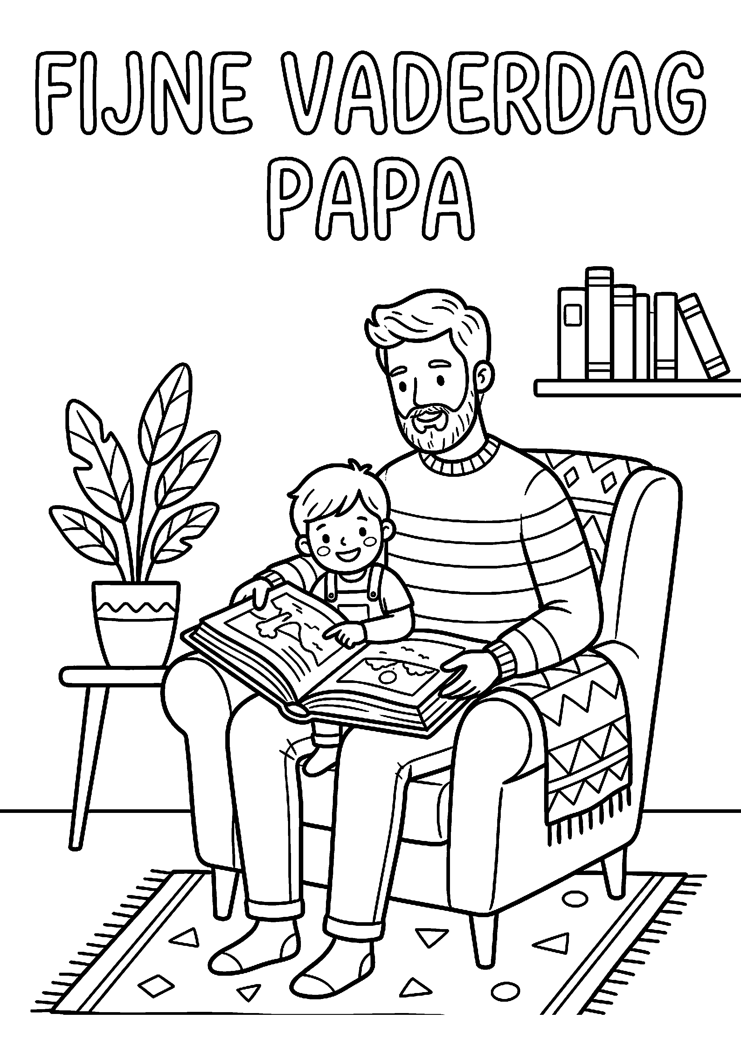 Vader leest boek met kind met tekst fijne vaderdag papa kleurplaat — gratis kleurplaat printen