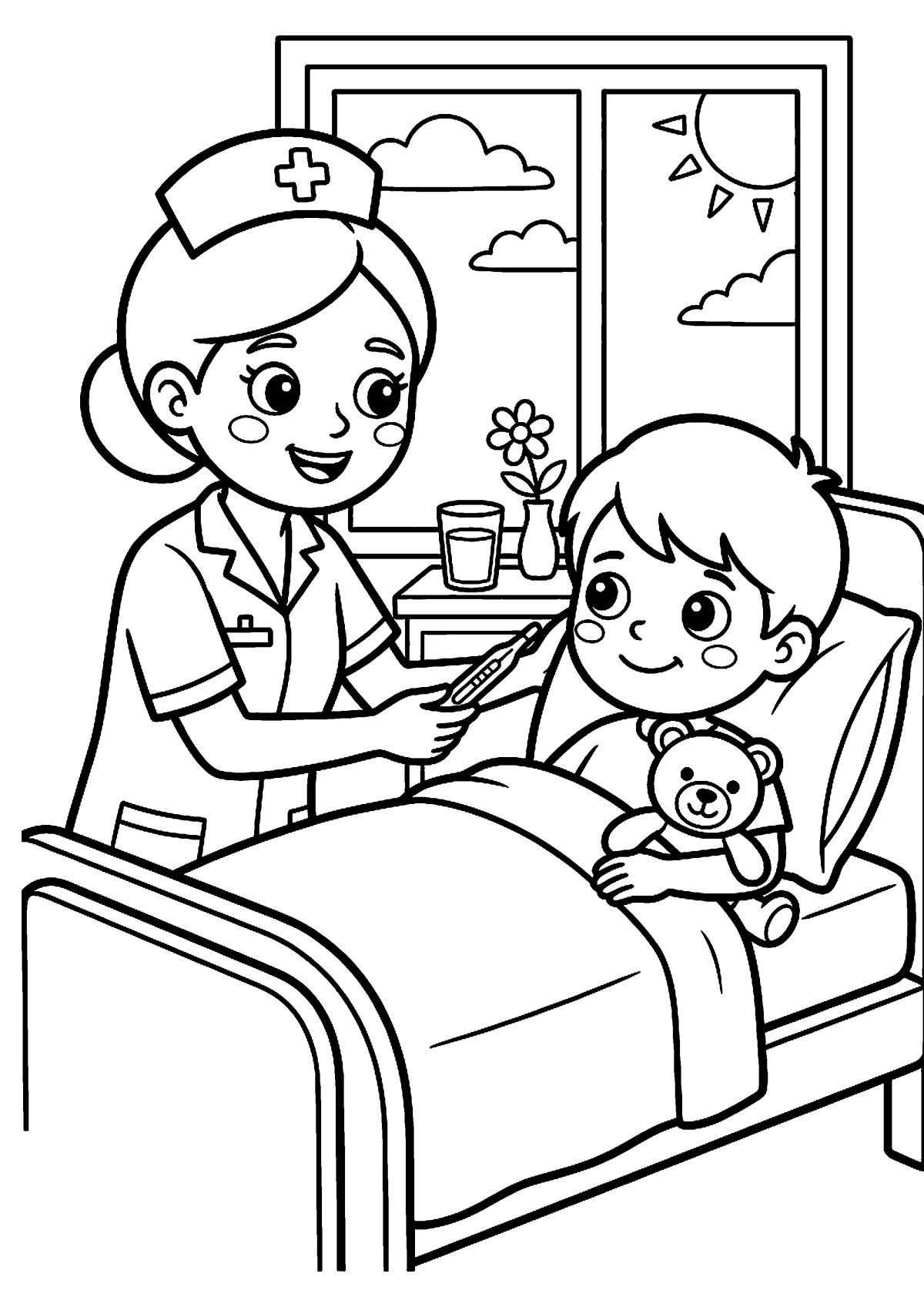 Verpleegster helpt patient kleurplaat — gratis kleurplaat