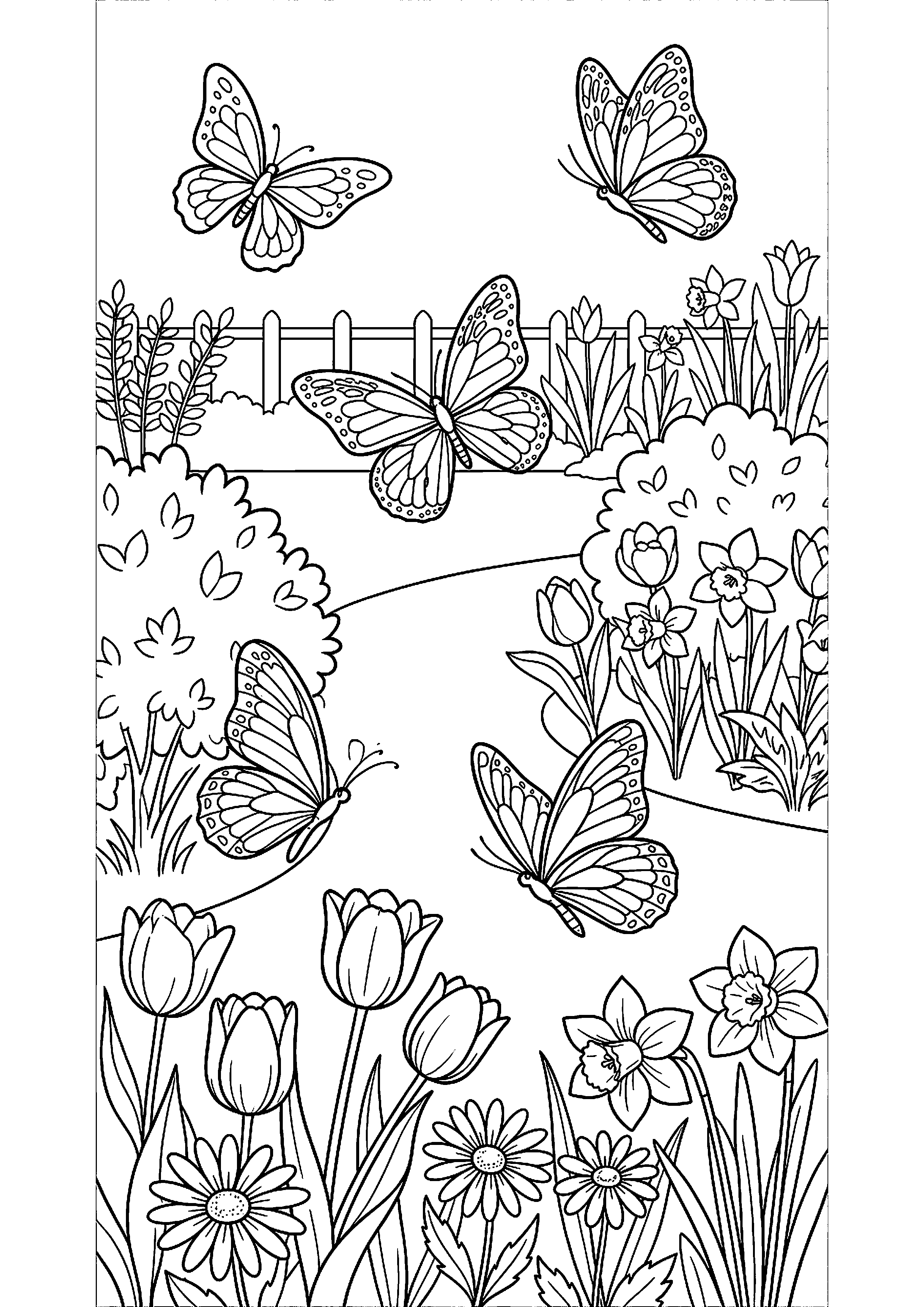 Vlinders vliegen in lentetuin kleurplaat — gratis kleurplaat printen