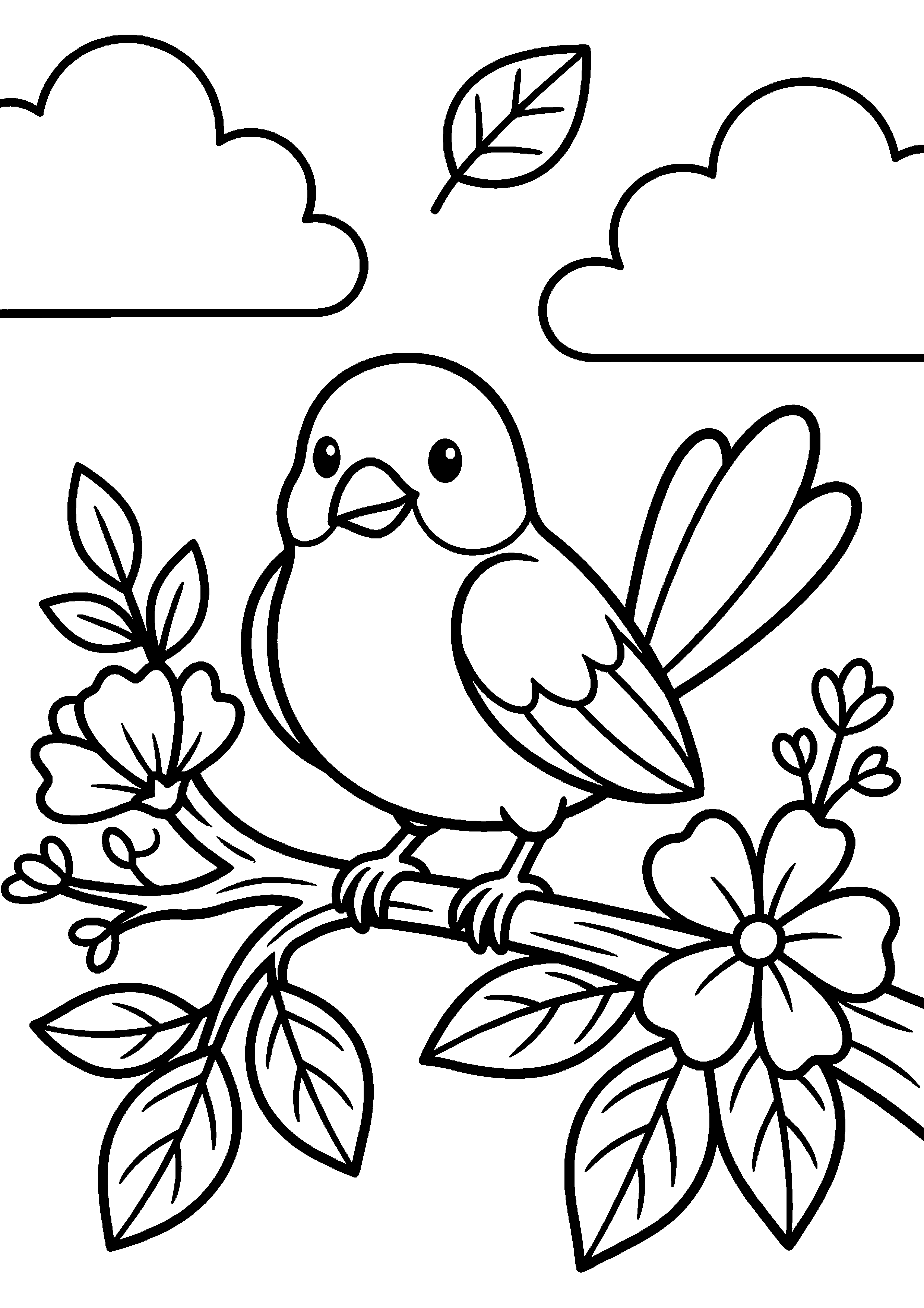 Vogel op tak met bloemen kleurplaat — gratis kleurplaat