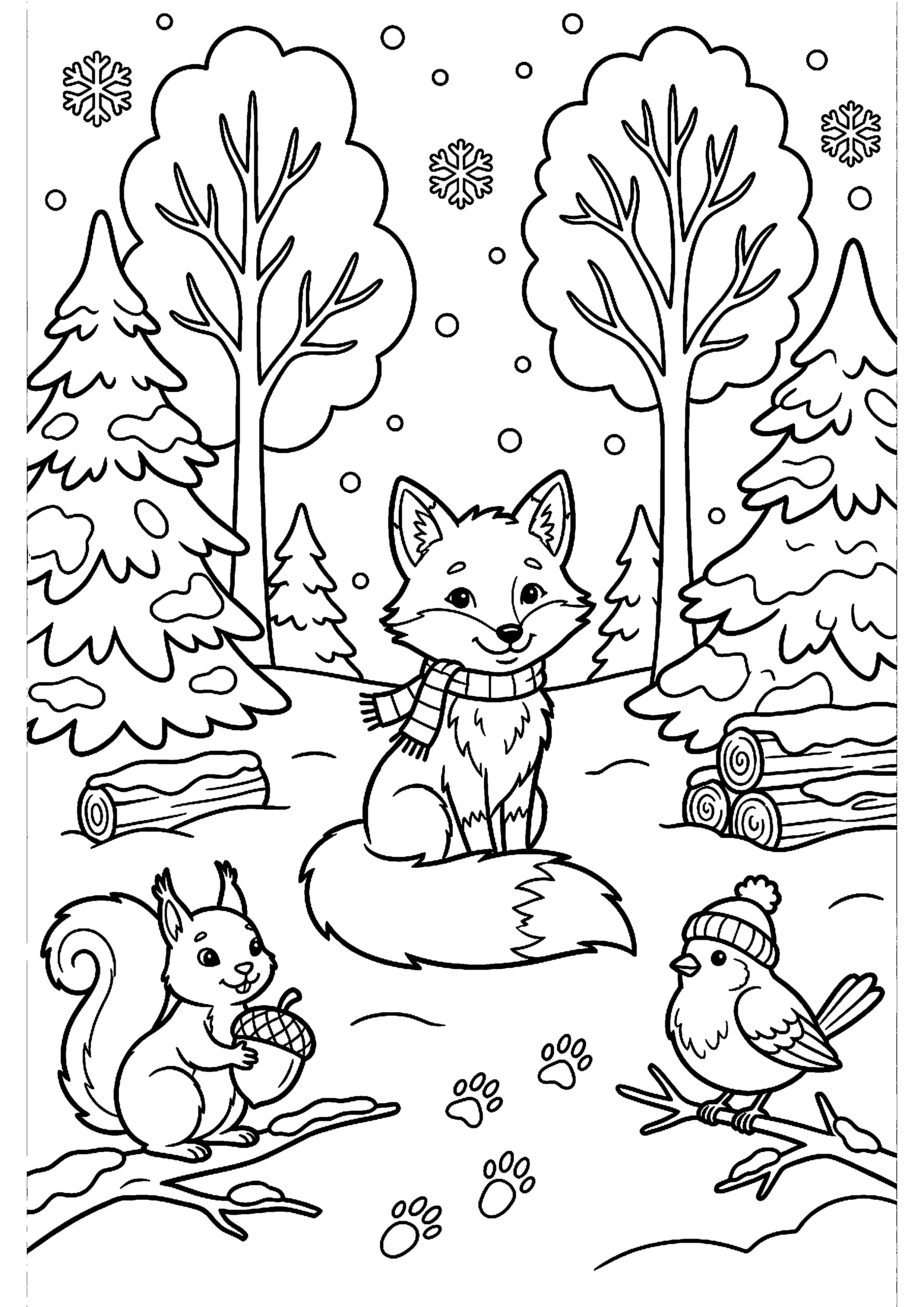 Winterbos met sneeuw kleurplaat — gratis kleurplaat printen