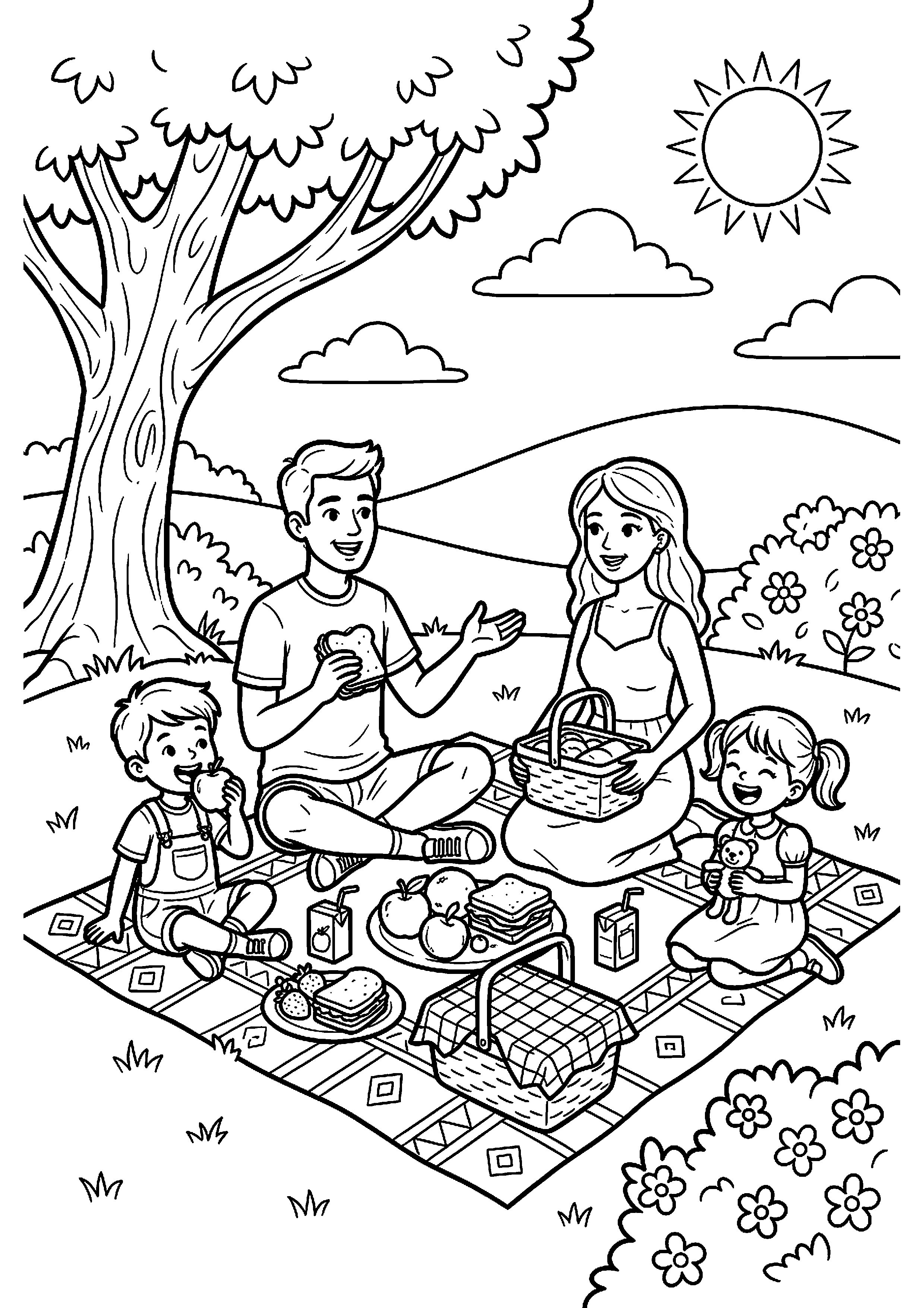 Zomer picknick met familie kleurplaat — gratis kleurplaat printen