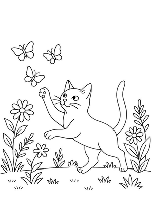 Kat die vlinders achtervolgt Kleurplaat — gratis kleurplaat printen