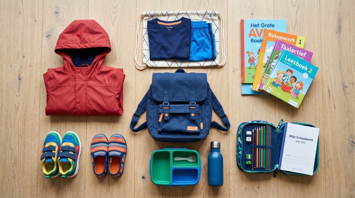 Een complete uitrusting voor de Nederlandse basisschool op een houten vloer: rugzak, broodtrommel, drinkbeker, schoenen, sloffen, gymset, schoolboeken, etui en regenjas.