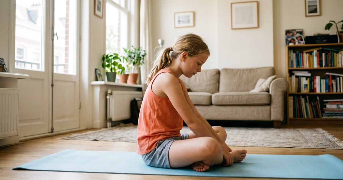 Tween-meisje in koraalkleurige sport-vest top en grijze short doet rustig stretchoefeningen op een matje in een zonnige woonkamer.