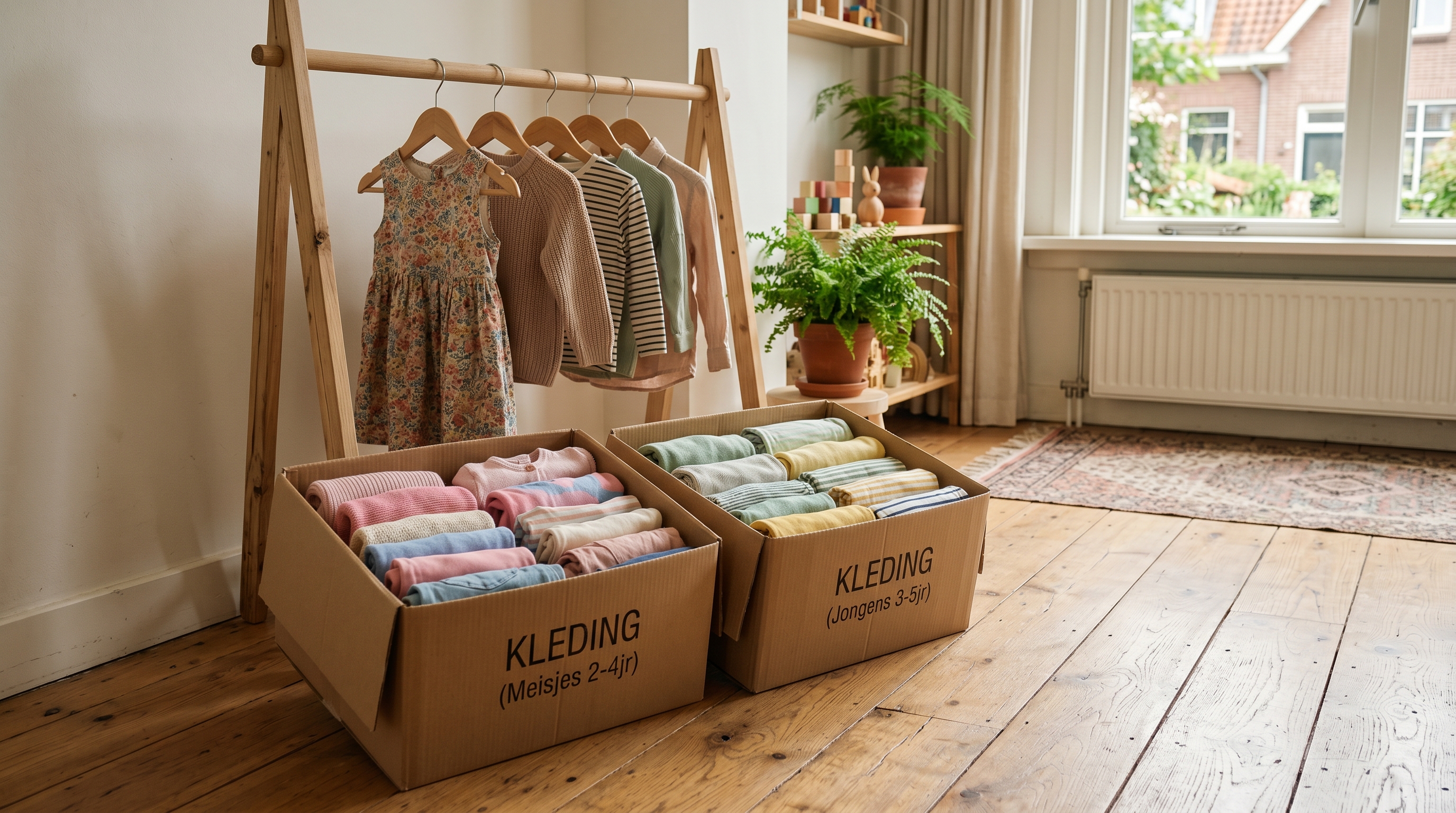 Kartonnen dozen met netjes gevouwen kinderkleding in pastelkleuren, naast een houten kledingrek met enkele items, in een Nederlandse woonkamer.