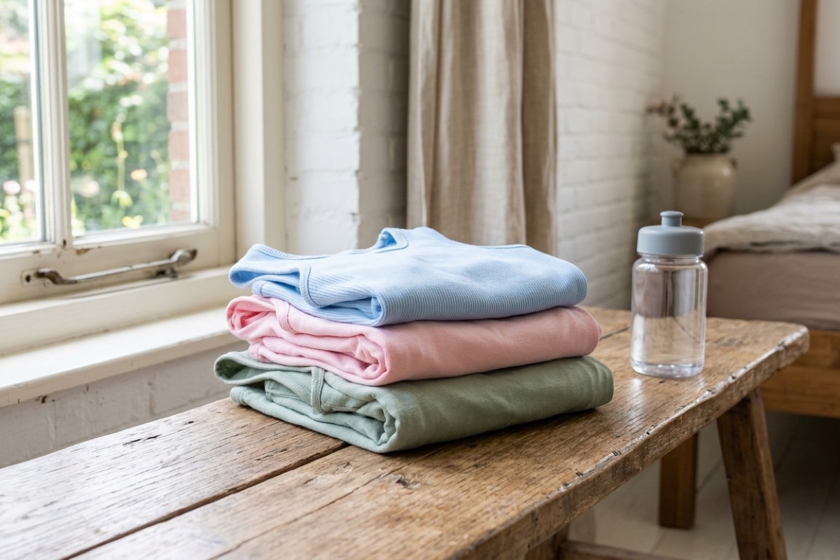 Stapel zachte sport-vests en crop-tops in pastelkleuren ligt netjes op een houten bank bij een raam met een drinkfles ernaast.